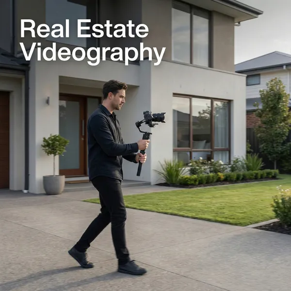 Professional property videographer filming the exterior of a house while walking with a handheld gimbal to create smooth real estate video footage.