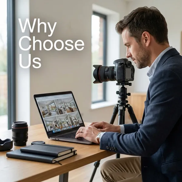 Professional photographer seated at a desk viewing real estate property photos on a website using a laptop, with a camera and tripod placed on the desk as part of a photography workflow.