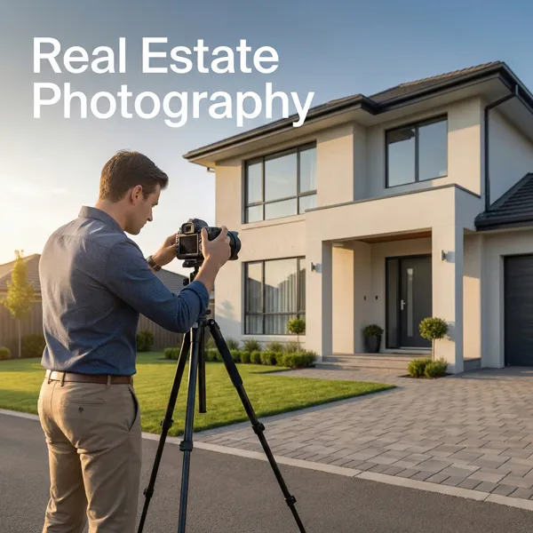 Man capturing exterior property photos on a tripod during golden hour, using warm natural light to photograph a residential house.