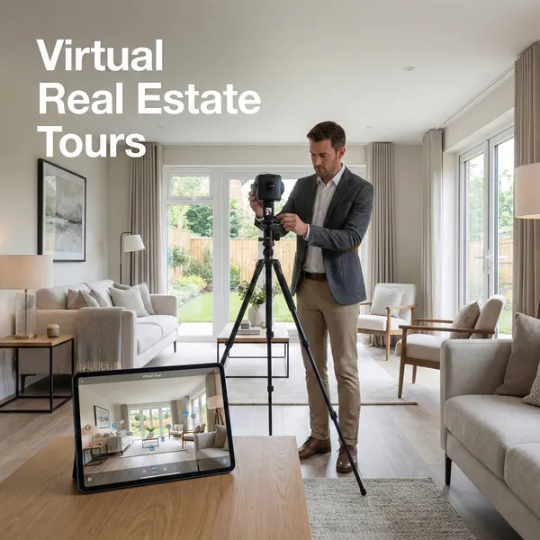 Professional property photographer standing inside a residential property with a camera mounted on a tripod, recording interior footage to create a virtual property tour.