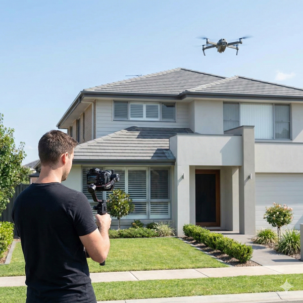 Professional property videographer filming a property video with a camera mounted on a gimbal as a drone flies overhead capturing aerial footage in low-light conditions.