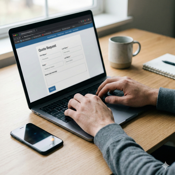 Close-up of hands typing on a laptop keyboard while requesting a quote through an online form.