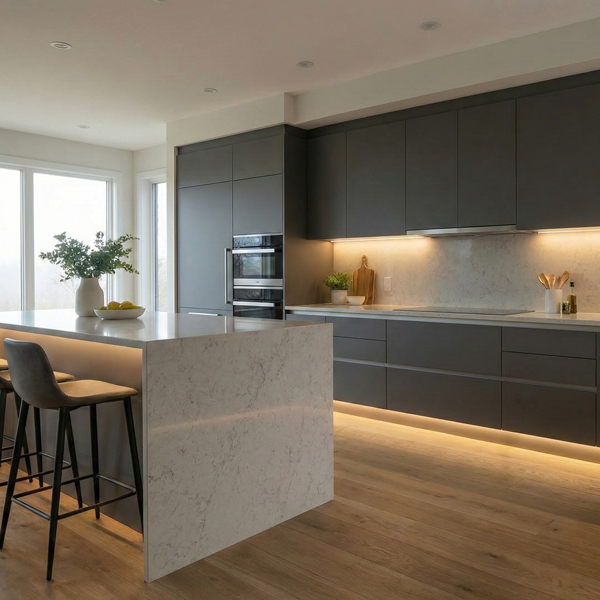 View of a modern kitchen with LED lighting, dark grey cabinets, a white marble island counter with a built-in oven top, and warm wooden flooring.