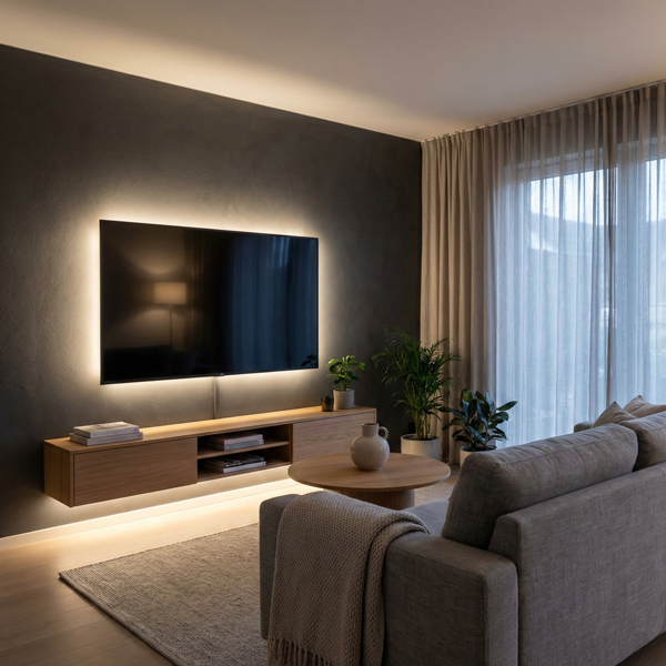 Modern living room featuring dark grey walls, a wall-mounted flat screen television with LED backlighting, a grey couch, rug on wooden floors, and a wooden floating TV stand.