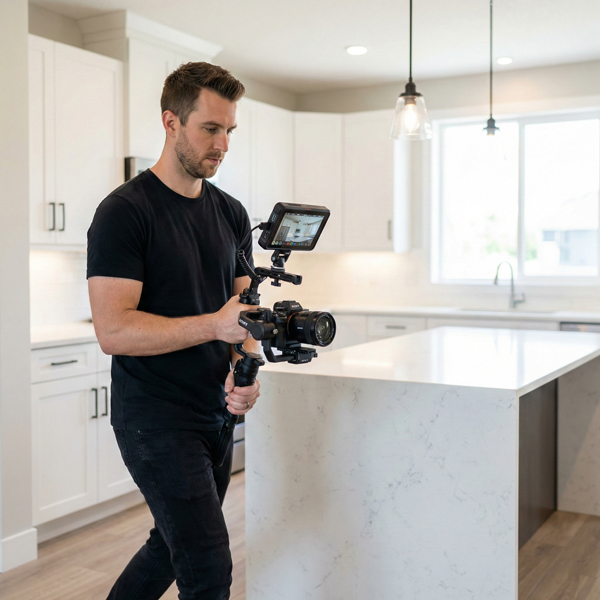 Man walking through a modern white kitchen while filming a property walkthrough using a gimbal-mounted Sony mirrorless camera with an Atomos Ninja external monitor.