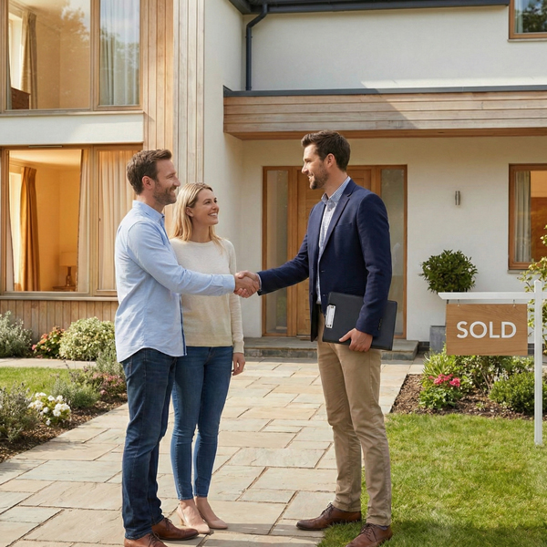Couple standing next to their new home shaking hands with an estate agent after a successful property sale.