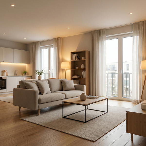  Inviting lounge with open curtains, warm ambient lighting from lamps, a decluttered layout, coffee table with books, and a bookshelf creating a cozy living space.