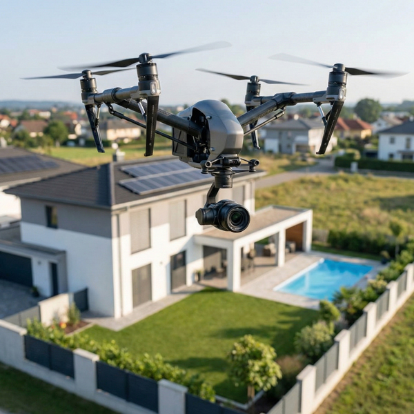 Drone flying overhead capturing high-angle aerial photos and cinematic video footage of a property below, showcasing professional drone photography and videography.