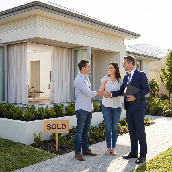 Couple standing outside their new home shaking hands with an estate agent after a successful property purchase, with the house visible in the background.