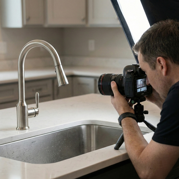 Professional photographer photographing a kitchen tap faucet using a camera with softbox lighting and off-camera flash, with the photographer and camera visible.