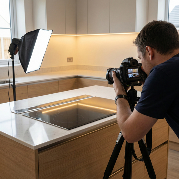 Professional photographer photographing a kitchen island counter and glass hob using a camera with softbox lighting and flash for interior property photography.