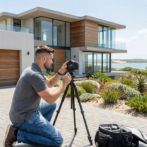 Professional photographer taking photos of a modern house on a hillside near Langebaan Lagoon, using a tripod-mounted camera with panoramic lagoon views in the background.