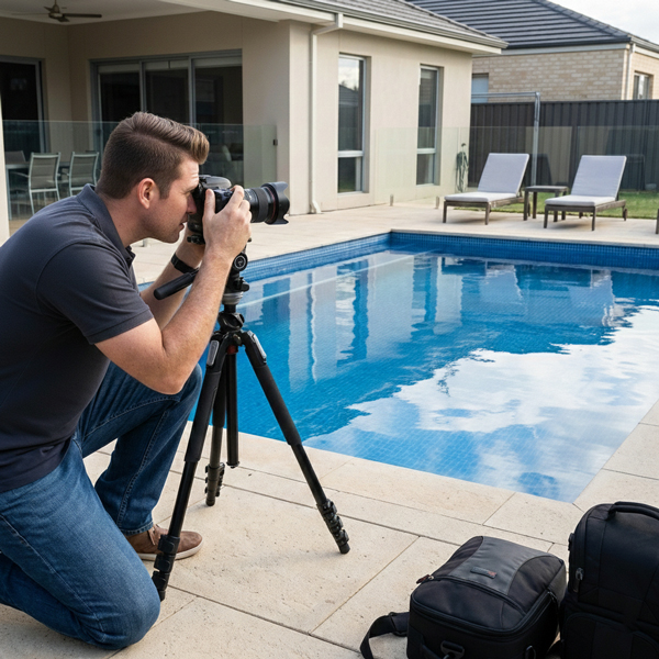 Professional property photographer taking daylight photos of a swimming pool at a residential property using a camera mounted on a tripod.