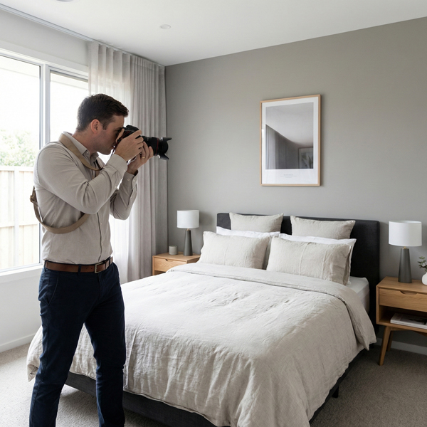 Professional photographer taking interior photos of a bedroom using a handheld camera without a tripod for property photography.
