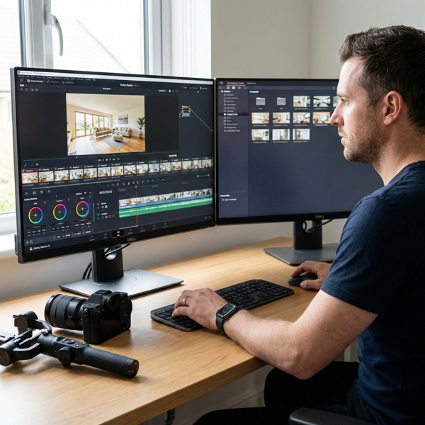 Professional photographer editing a completed property video tour in DaVinci Resolve on a dual monitor workstation, with a camera and lens placed on the counter.