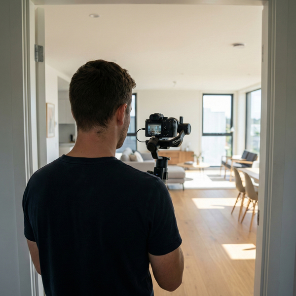 Professional videographer walking into a residential property with a camera on a gimbal, creating a smooth interior video tour.