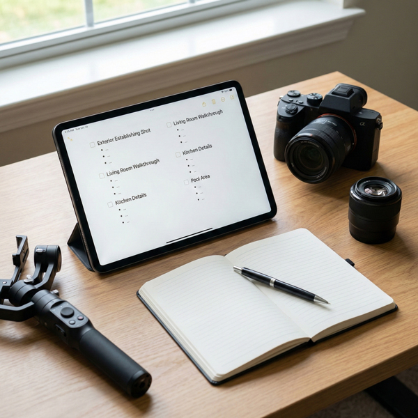 Piece of paper displaying a shot list in preparation for a property video shoot, outlining scenes and camera movements to create smooth visual flow.