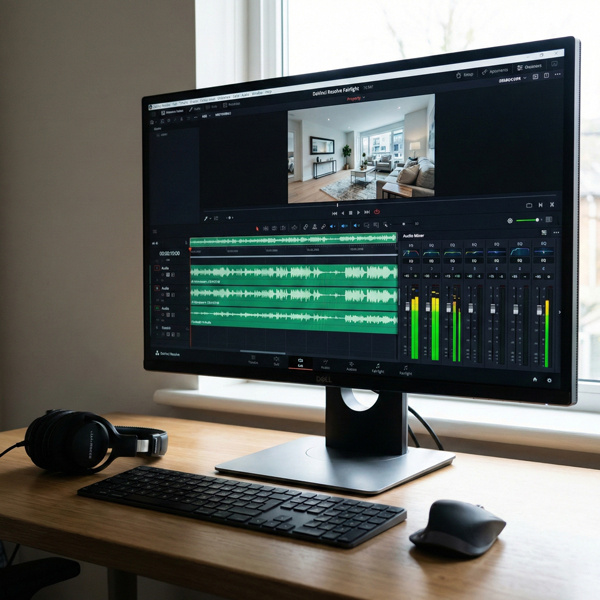 Computer screen displaying audio level meters during the editing of a property video tour, showing post-production work in progress.