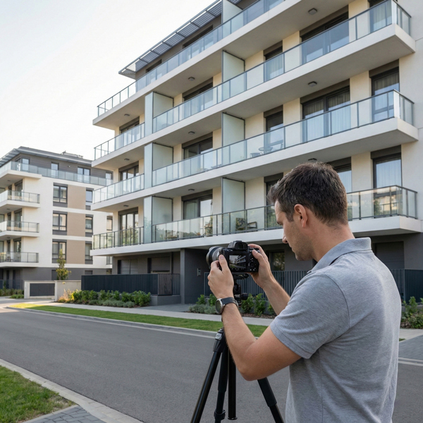 Professional photographer using a tripod-mounted camera to photograph apartment blocks for multi-listing (MLS) property photography.