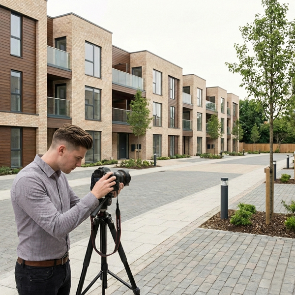 Professional photographer photographing new build apartments with a tripod-mounted camera for multi-listing (MLS) property photography. 