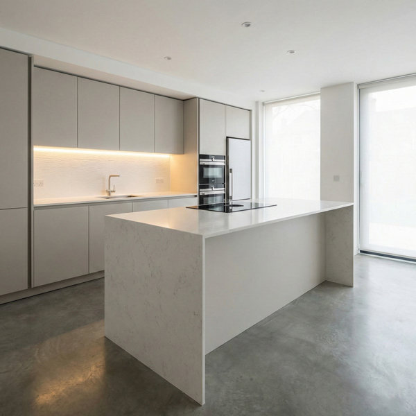 Modern white kitchen photographed with professional lighting, showing clean lines, bright surfaces, and balanced interior exposure.