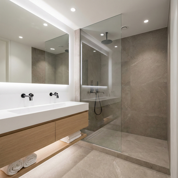 Professionally photographed modern bathroom with floating cupboards, LED lighting, and a clean, contemporary design.