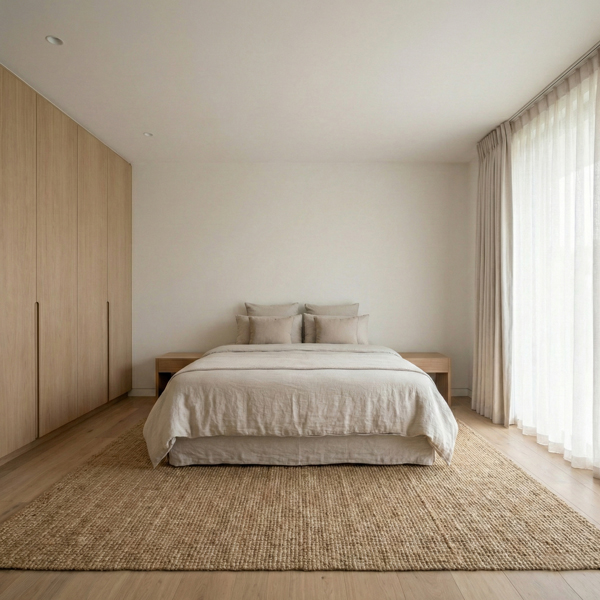 Spacious open-plan bedroom with a bed, two bedside tables, and a wardrobe, creating a bright and comfortable sleeping area.