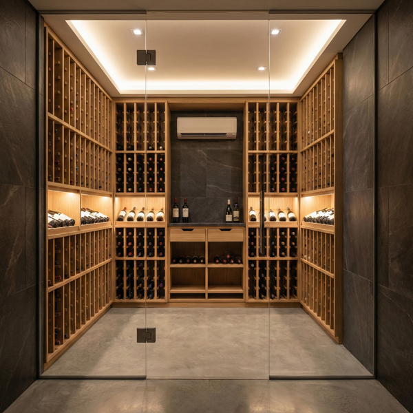 Modern home wine cellar featuring top-mounted LED lighting, showcasing a stylish and contemporary interior.