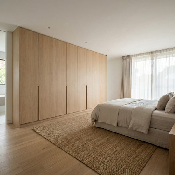 Spacious open-plan bedroom with a bed, two bedside tables, and a wardrobe, creating a bright and comfortable sleeping area.
