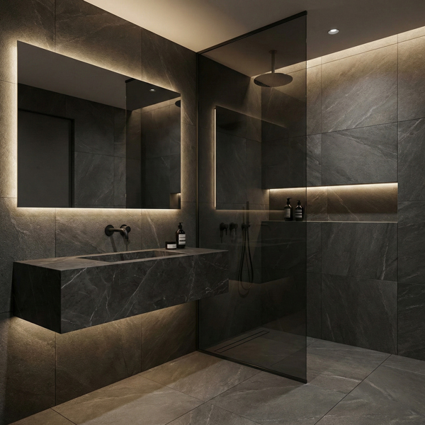 Contemporary dark bathroom featuring dark grey finishes, LED backlighting behind the mirror, glass doors, and a sleek modern design.