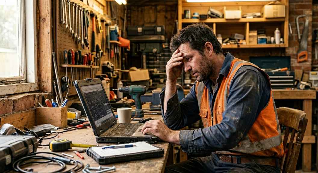 A wide-angle photo of a frustrated male builder in work gear sitting at a desk with a laptop open, tools visible in background, warm earthy tones, photorealistic, no text, no logos