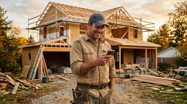 A contractor in a worn cap and work shirt smiles at his phone in front of a half-finished, wood-framed home addition. Tools, scaffolding, and lumber surround the site under warm, golden afternoon sunlight.