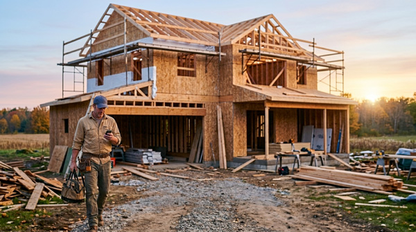Wide landscape photo of a contractor walking onto a residential job site at sunrise, tool bag in one hand, phone in the other