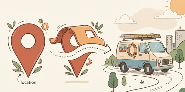: Illustration of a Google Maps pin turning into a plumber's van, representing Google Business Profile leads
