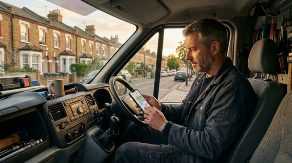 London plumber sitting in his work van checking his job calendar on a phone outside a brick terrace