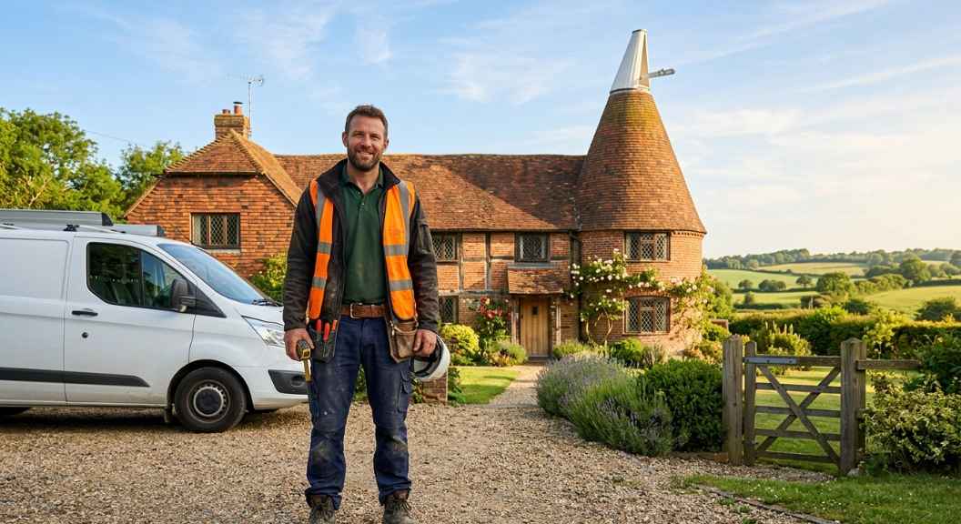 A professional male tradesman in work gear standing outside a Kent residential property, oast house or countryside visible in background, warm morning light, photorealistic, no text, no logos