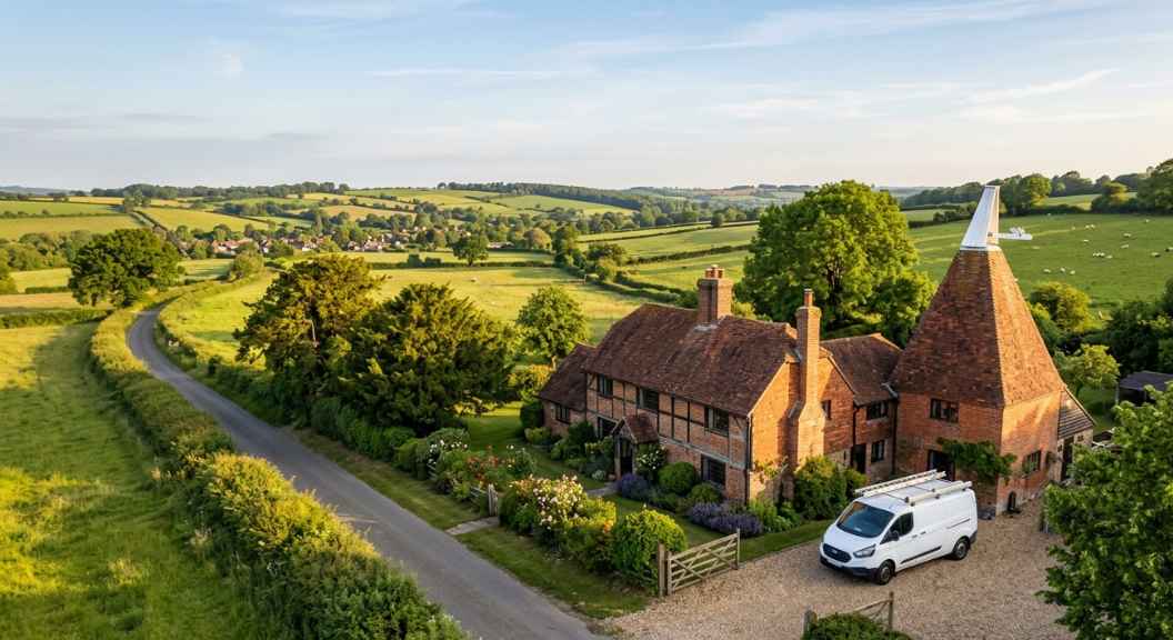 A wide landscape photo of the Kent countryside with a traditional oast house and a tradesman's van parked outside a residential property, warm morning light, photorealistic, no text, no logos