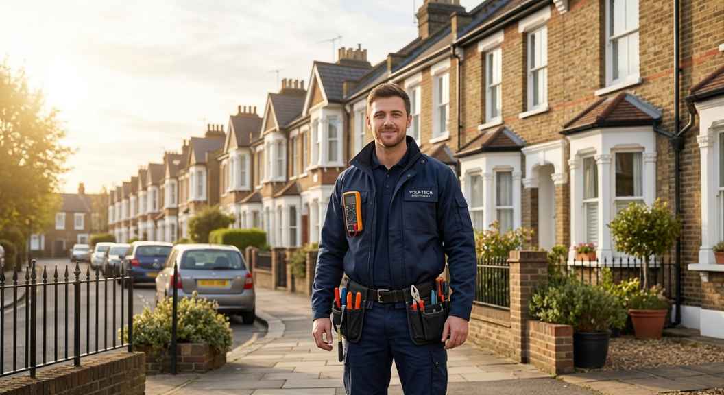 A professional male electrician in branded workwear standing in front of a London street of Victorian terraced houses, warm morning light, photorealistic, no text, no logos, UK residential setting