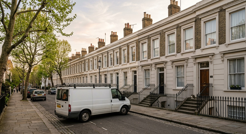 Georgian terrace street in Canonbury Islington with black iron railings and stucco facades and a plumber's white van parked along the kerb at dusk