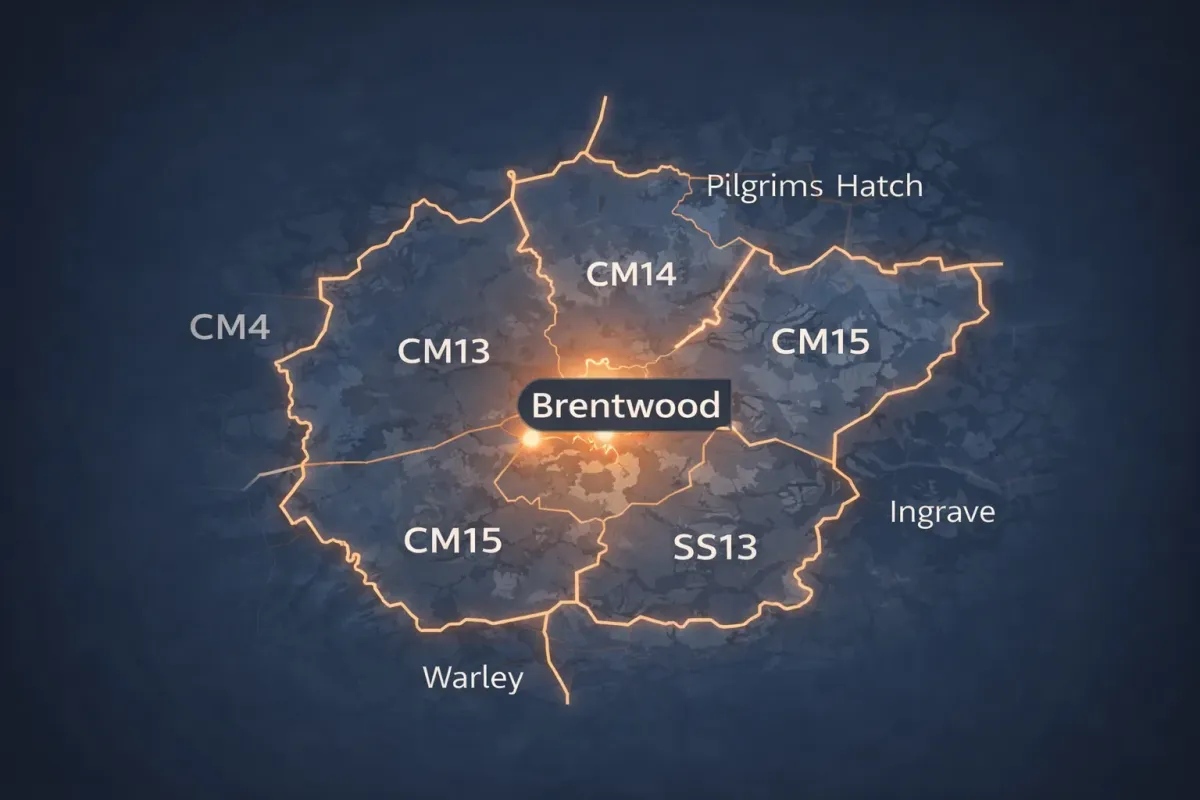 Map of Basildon and surrounding Essex areas showing roofing service coverage