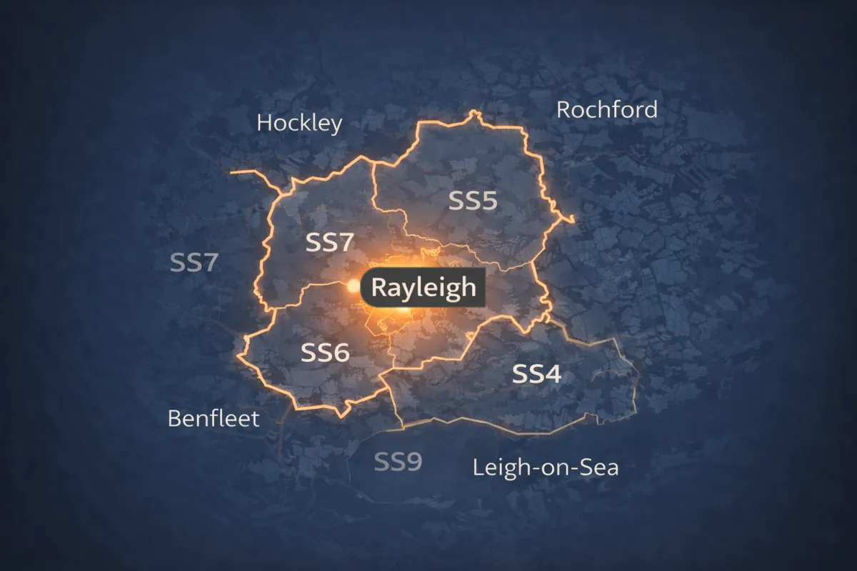 Map of Rayleigh and surrounding Essex areas showing roofing service coverage