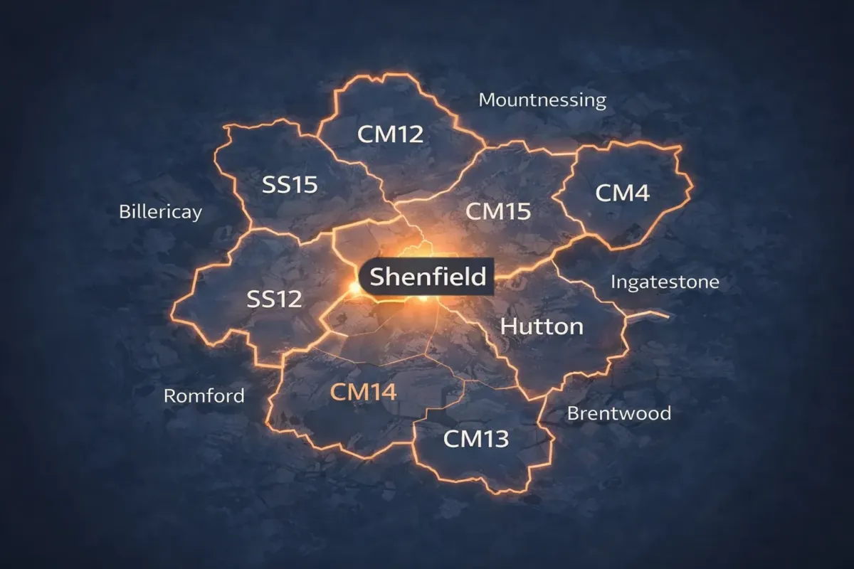 Map of Shenfield and surrounding Essex areas showing roofing service coverage