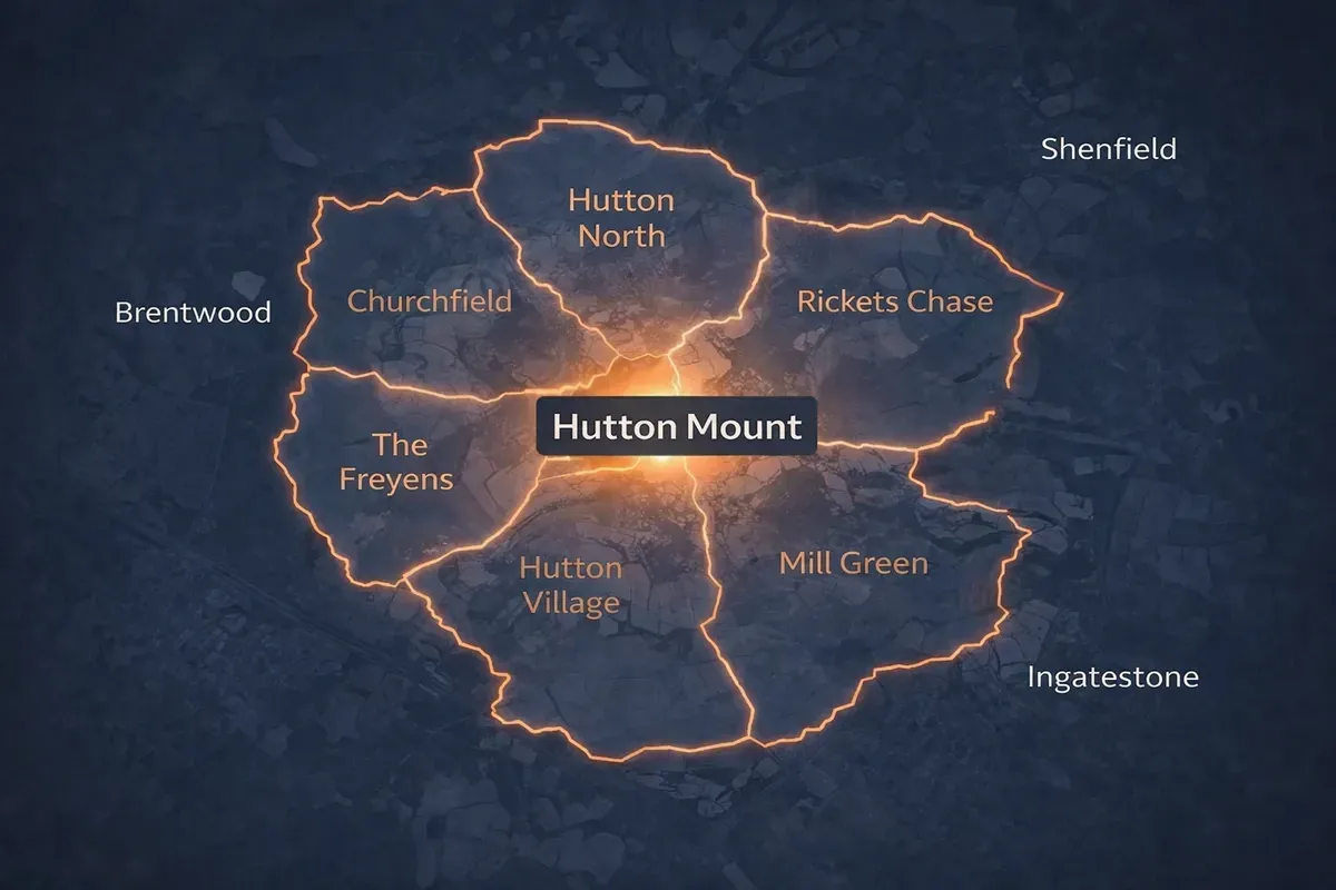 Map of Hutton Mount and surrounding Essex areas showing roofing service coverage