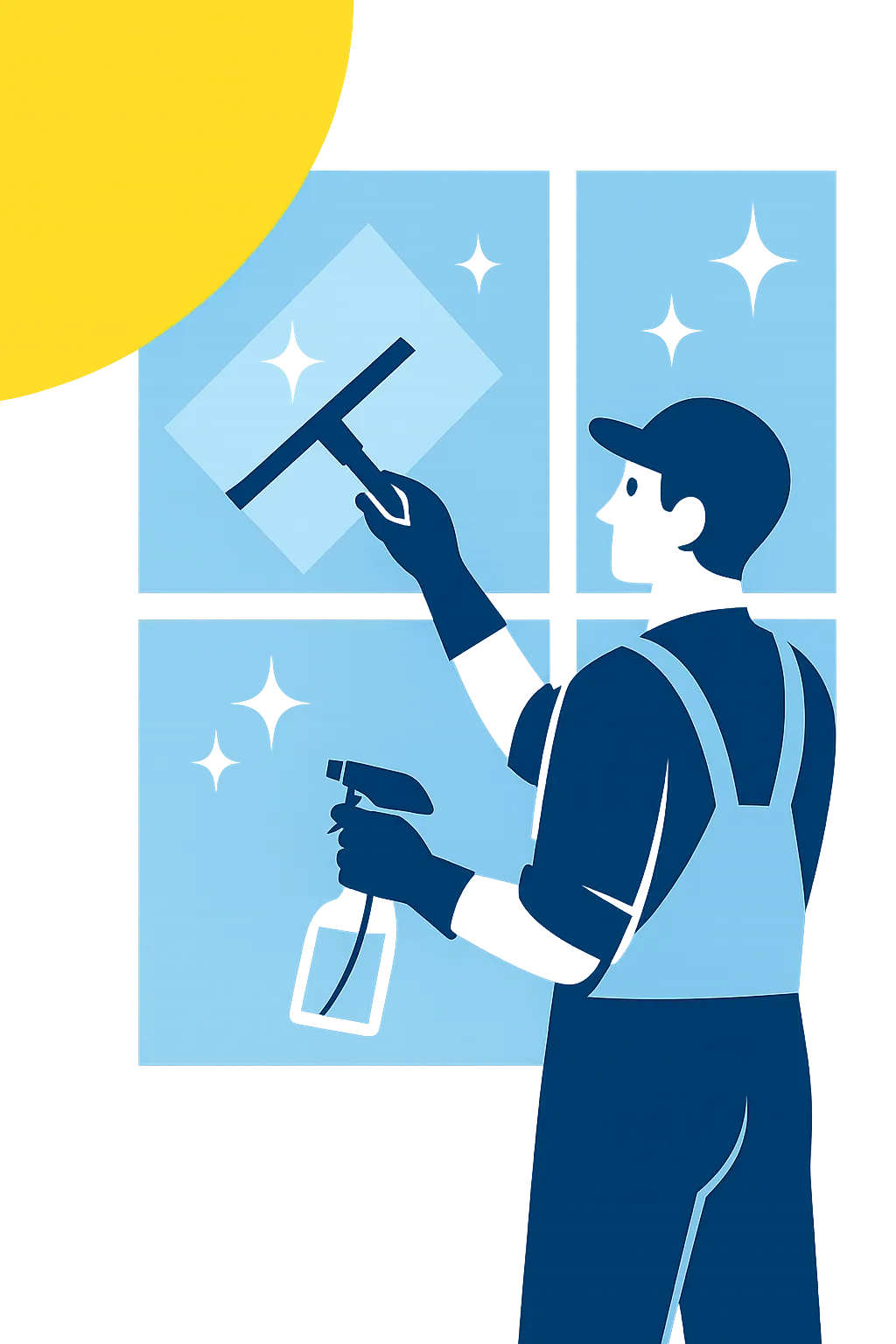Illustration of a professional window cleaner using a squeegee and spray bottle to clean large glass panels, representing streak-free window cleaning services.