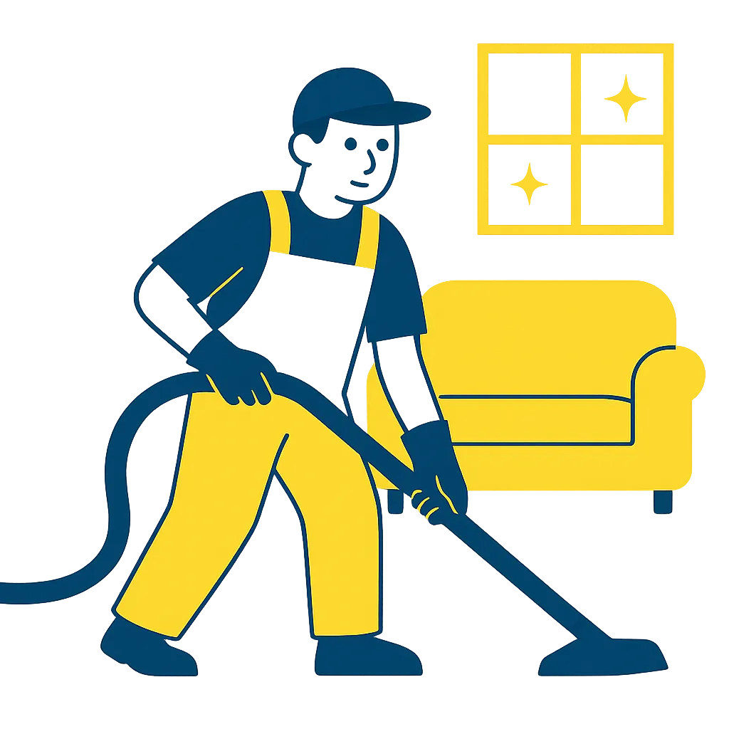 Illustration of a professional cleaner vacuuming a loungeroom with a yellow couch and sparkling window in the background, representing trusted home cleaning services in Mildura.
