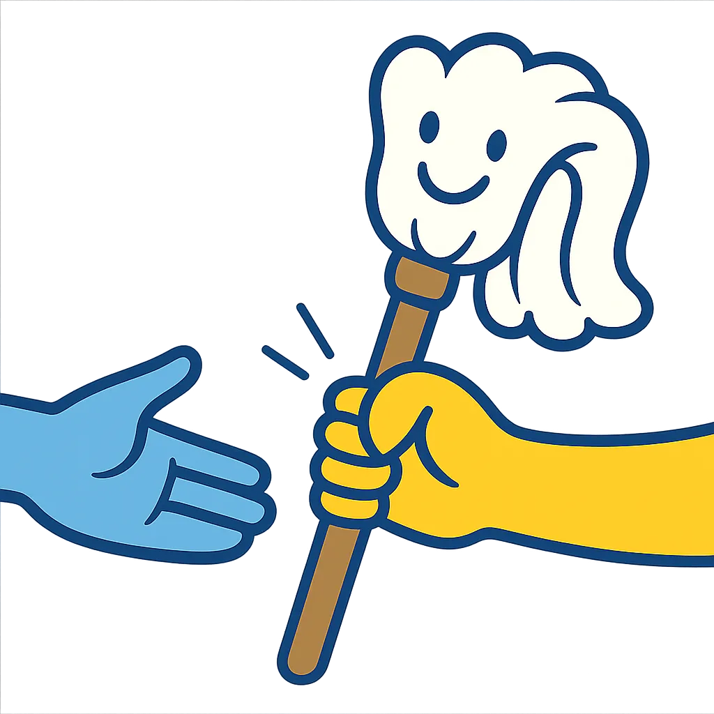 Playful cartoon-style illustration of a mop being handed from one person to another, symbolising the ease of handing over your home cleaning to Sun City Cleaning in Mildura.