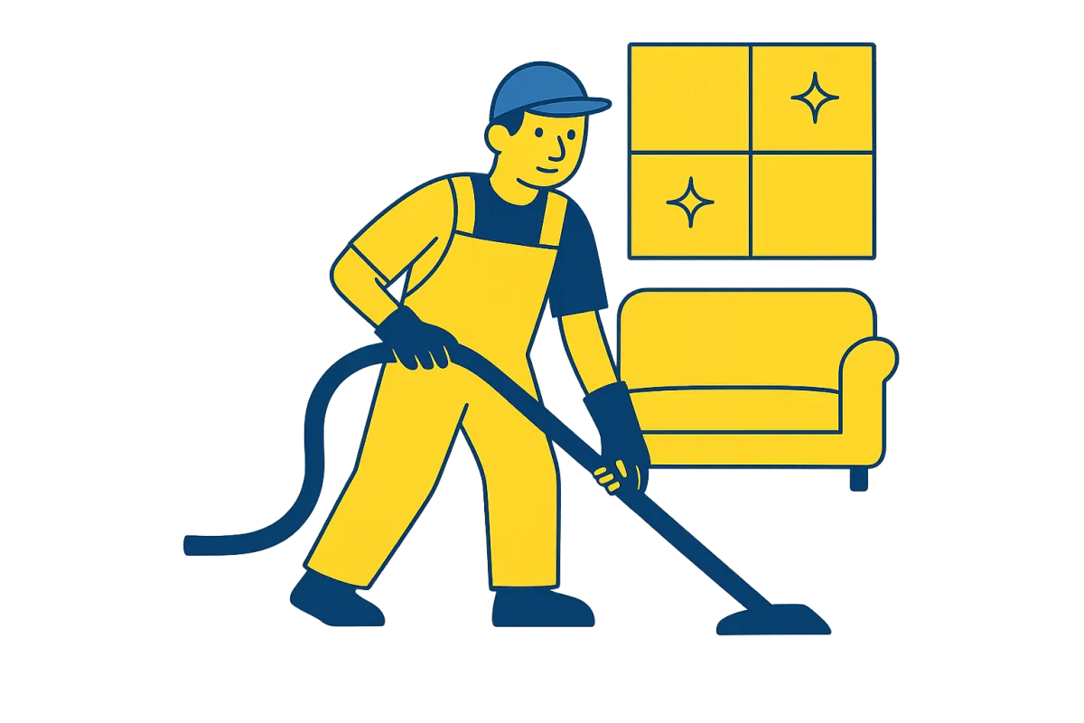 Illustration of a professional cleaner vacuuming a loungeroom with a yellow couch and sparkling window in the background, representing End Of Lease cleaning in Mildura