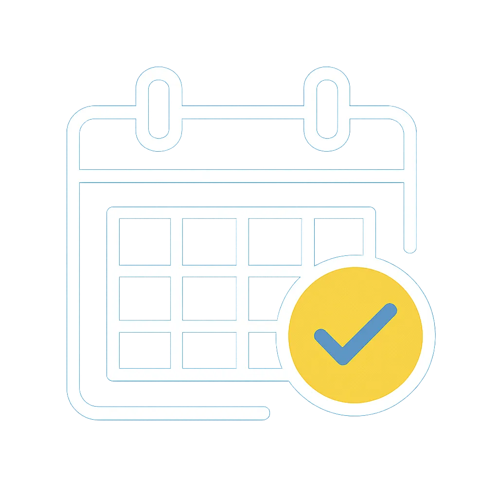 White and yellow calendar icon with a checkmark, symbolising an upcoming end of lease clean booking with Sun City Cleaning in Mildura.