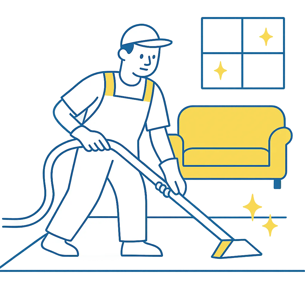 Illustration of a professional cleaner vacuuming a loungeroom with a yellow couch and sparkling window in the background, representing End Of Lease cleaning in Mildura