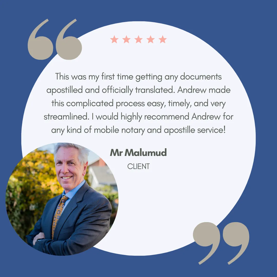 This was my first time getting any documents apostilled and officially translated. Andrew made this complicated process easy, timely, and very streamlined. He was very personable, knowledgeable, and made the entire process easy and almost enjoyable! I would highly recommend Andrew for any kind of mobile notary and apostille service!